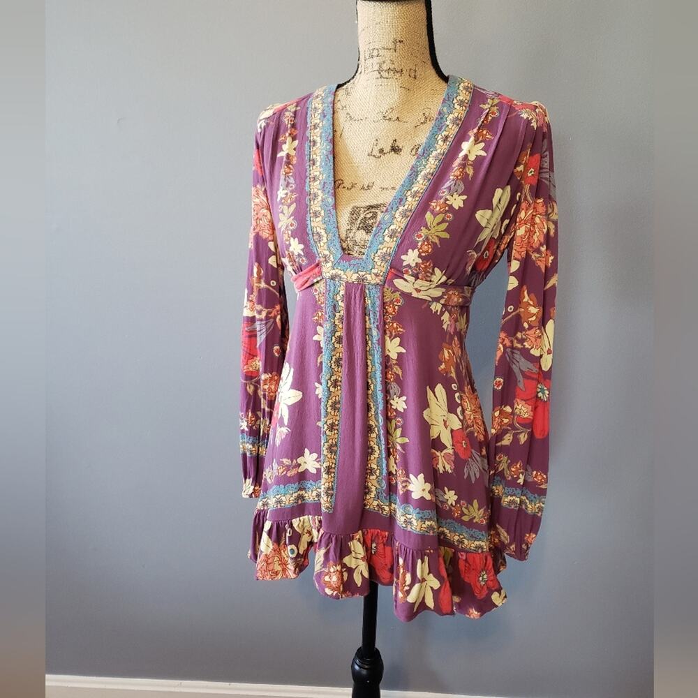 Free People Violet Hill Printed Tunic Top Baby Doll Plunge Mini Dress Blouse 0